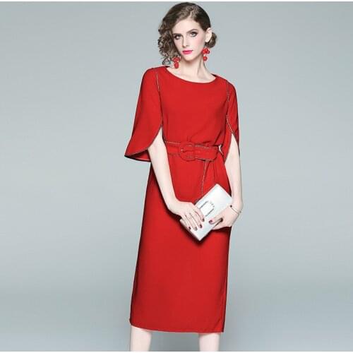 Ladies waist tie with slim thin female dress plus size elegant women dress red S M L XL