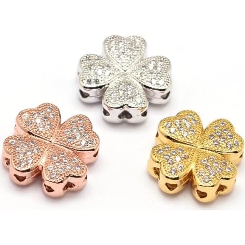 10pcs Clover Brass Micro Pave Cubic Zirconia Beads for Jewelry Making DIY Golden Platinum Color 14x14x5mm Hole: 1mm