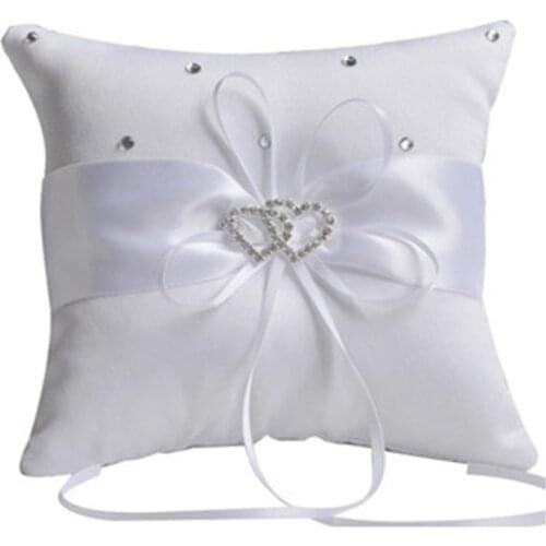 2018 Hot Sale New White Double Heart Rhinestone Ring Pillow with Satin Ribbon Ring Bearer Cushion 10*10cmWedding Supplies