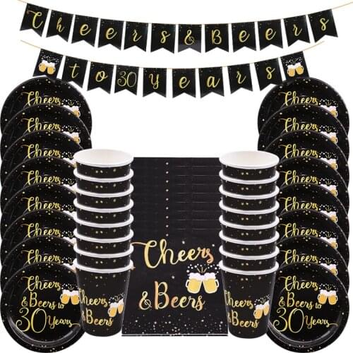 Black Gold Disposable Tableware Set Cheers & Beers Adult 30 40 50 60 Years Birthday Party Decoration Paper Plate Cups Banner