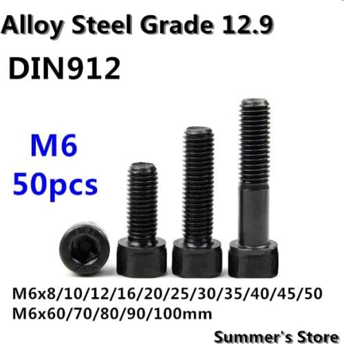 50pcs/lot DIN912 Hex Socket Head Cap Screw M6*8/10/12/16/20/25/30/35/40/45/50/60/70/80/90/100mm M6 black long screws bolts