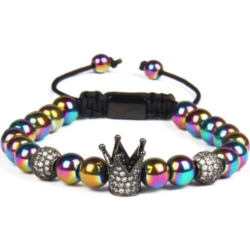 Ailatu Luxury Crown Bracelets with 8mm Multicolor Hematite Stone Beads Jewelry Top Quality Rope Chain Unisex Classic
