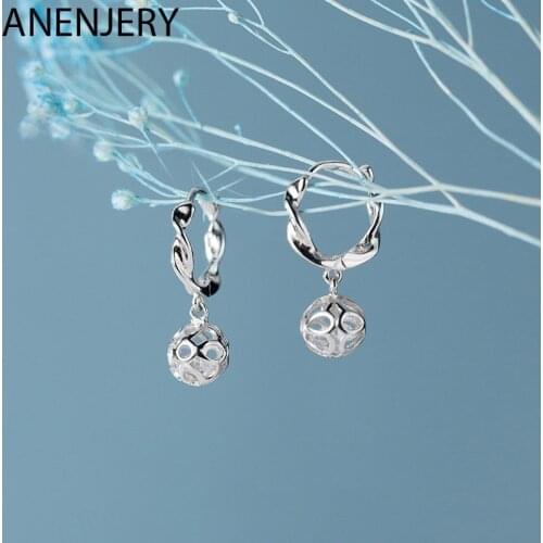 ANENJERY 925 Sterling Silver Cute Twist Hollow Ball Hoop Earrings Sparkling Cubic Zircon Ear Jewelry For Women S-E1098