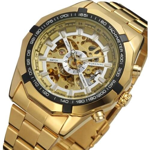 Fashion Forsining Brand Silver Stainless Steel Waterproof Men Skeleton Watchesluxury Gold Transparent Mechanical Man Wrist Watch