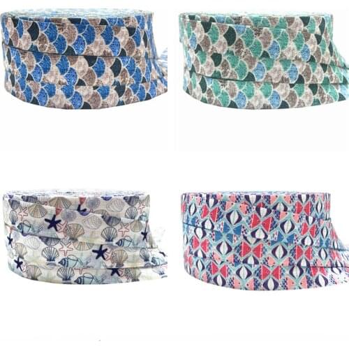 5/8'' 10yards Fish Scales Shell Starfish Fold Elastic FOE Printed Headband Headwear Hairband Decor Wholesale