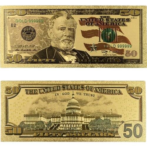 Hot Sale Colour USA Gold Banknote 50 Dollar Banknotes Replica Money Bills Gold Plated Business Gift Collection