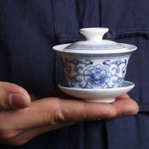 Mini Palace Style Gaiwan Ceramic Teacup Blue And White Travel Tea Bowl Small Porcelain Cup Flower Tea Tureen