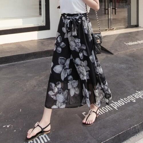 Summer New Print Chiffon Pants Women Casual Loose Bohemian Wide Leg Pants Elastic High Waist Thin With Belt Flower Pants R349