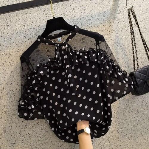 Summer Style Women Flared Sleeves Casual Chiffon Blouses Shirts Dots Turtleneck Loose Tops Lace Sexy BlusasDM0123