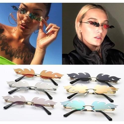 Luxury Cat Eye Sunglasses Women Car Driving Glasses Rimless Fire Flame Sun Glasses Trending Mirror Lens Narrow Eyewear UV400