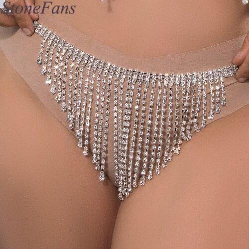 Stonefans Trendy Vertical Crystal Pendant Thong Bikinis Micro Sex for Women Long Tassel Rhinestone Underwear Mini Beach Jewelry