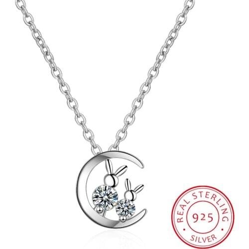 Romantic 925 Sterling Silver Long Moon Cat Zirconia Necklace Pendant for Women Fashion Necklaces Accessories Collares Collar