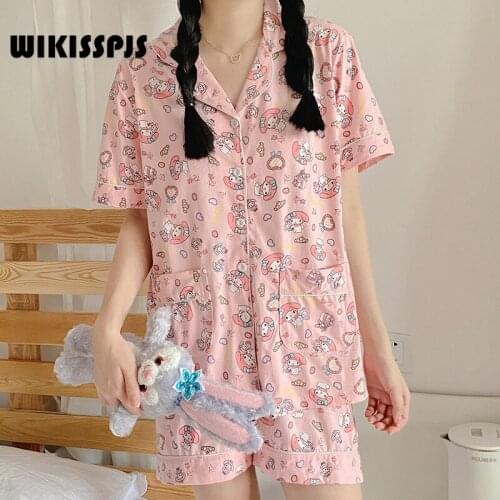 WIKISSPJS Summer Korean Version Cardigan Short Sleeve Shorts PAJAMAS Cute Cartoon Home Clothes Sleep Tops Lounge Wear