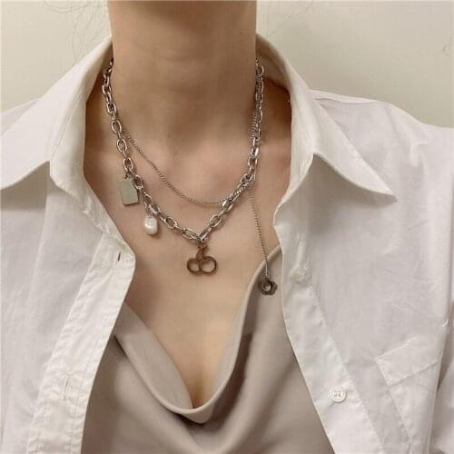 Origin Summer Cherry Faux Pearl Mix Chunky Chain Pendant Necklace for Women Geometric Letter Flower Asymmetry Necklace Jewelry