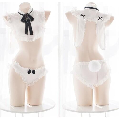 Cute Kawaii Anime Seducive Lingerie Sexy Chiffon Underwear Gentleman Bunny Role-playing Tail Panties Set