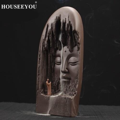 HOUSEEYOU Monk Worship Buddha Sculpture Waterfall Incense Burner Cones Holder Purple Clay Aroma Smoke Backflow Censer Home Decor
