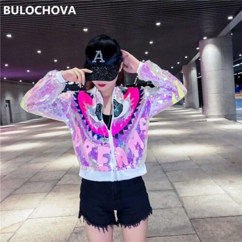 Drop shipping 2019 Autumn Women Runway Fashion Sequins Stage performance Cloches Short Coat Printed Letters Hip Hop Jacket Coats