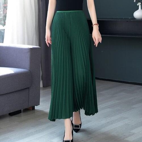 Miyak Pleated Wide-Leg Pants For Women Elegant Loose Straight Plus Size Solid Color Casual Trousers Female Mid Waist Folds Pant