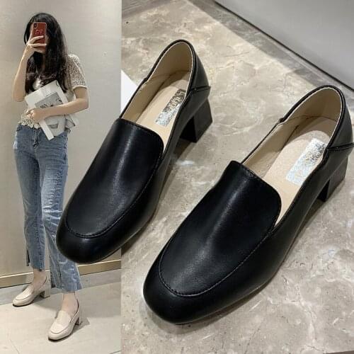 Plus Size 43 Women Boat Shoes High Heels Dress Shoes Square Toe Woman Shoes Slip on Black Pumps Square Heel Loafer Autumn 9291G