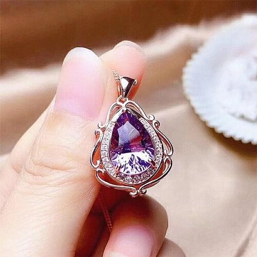 Vintage Carving Purple Crystal Amethyst Gemstones Diamonds Pendant Necklaces For Women Rose Gold Color Choker Chain Jewelry