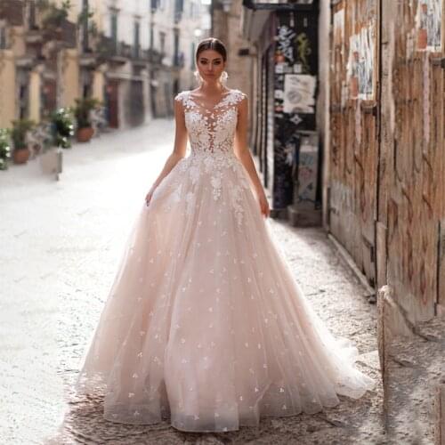 Boho Beach Wedding Dress O-Neck Appliques Top Vintage Princess Wedding Gown Cap Sleeve Lace Bride Dress Vestido De Novia