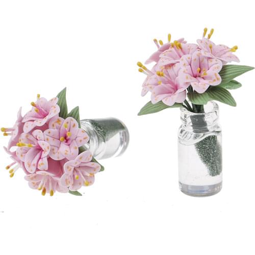 1:12 Miniatures Accessories Mini Fake Plant Flower Doll House Toy Pink Lily Glass Bottle Flower Arrangement Dollhouse Furniture