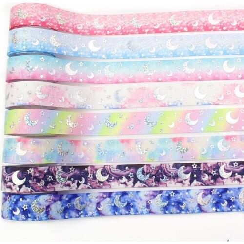 1‘’ 25mm,10yards Silver laser Star moon Printed grosgrain Ribbons,DIY bow cap accessories and decorations,I-19430-1126