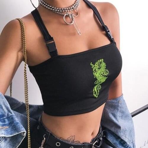 2020 Fashion Women Sexy Hot Summer Buckle Vest Boob Tube top Bralet Sheer Dragon Embroidery Stylish Cami Tank Top