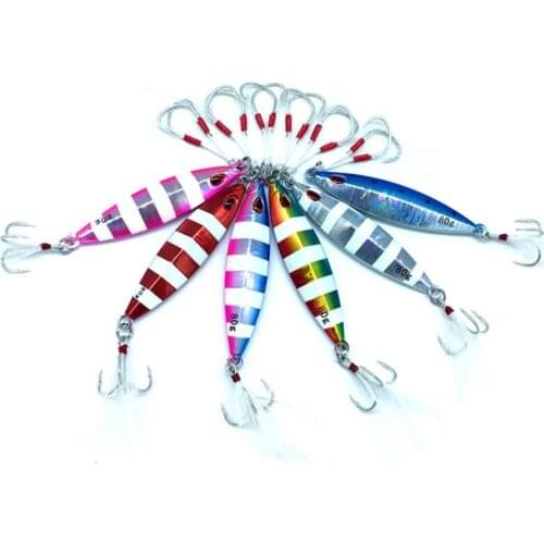 5PCS Deep sea Jigging Glow zebra Fishing Ocean Boat Rock Beach Slow Jig Jigbait Spoon Lure baits Feather Hook 80g