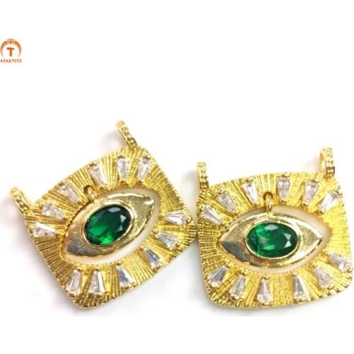 5pcs Gold Brass Micro Pave Green Evil Eye Pendant Square Shape Green Evil Eye Pendant Necklaces For Women Bracelet Charm Jewelry
