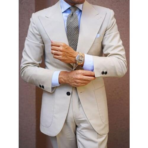 ANNIEBRITNEY 2020 Summer 2 Piece Ivory Men Linen Suit Slim Fit Ivory Summer Beach Groom Wedding Tuxedo Custom Business Suit Set