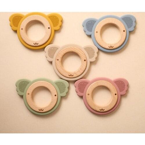 Baby Silicone Teether Cute Koala Shape Beech Wood Ring Food Grade Infant Chew Toys Comfort Newborn Teething Nursing Supplies