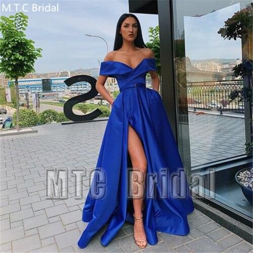 Elegant Royal Blue Long Formal Evening Dress Off The Shoulder High Slit Plus Size Satin Party Dresses Women Prom Gowns Customize