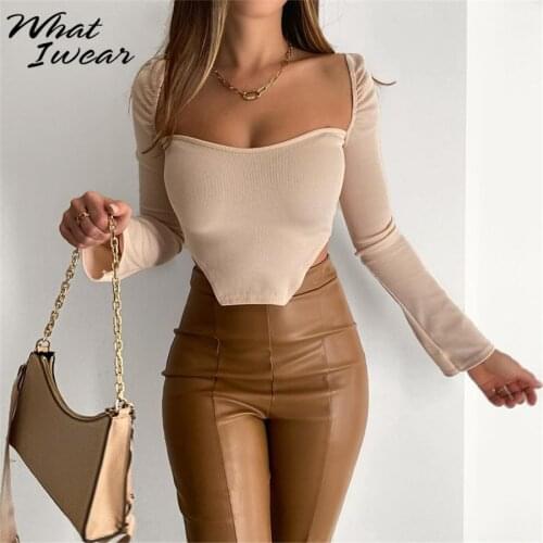 Sexy Elegant Solid Skinny Woman Tshirts Y2k New Streetwear Long Sleeve Crop Tops Shirts Vintage Female Basics Outfit