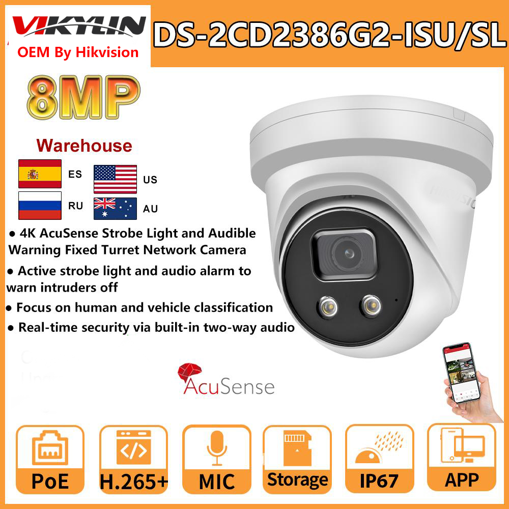 Hikvision 4K AcuSense PoE 8MP IP Camera DS-2CD2386G2-ISU/SL Active Strobe Light and Audio Alarm Built-In Mic Two-Way Audio IP67