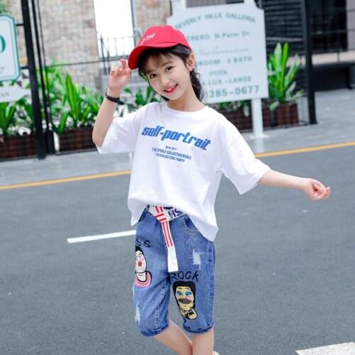 Kids girls 2pcs summer suit letter print short-sleeved T-shirt + cowboy Shorts new big virgin suit 4-12 years old