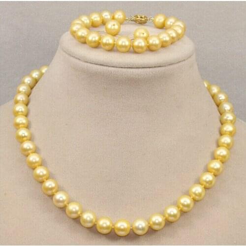 Beautiful hot +10-11mm South Sea Yellow Pearl Necklace Bracelet Earring 14k