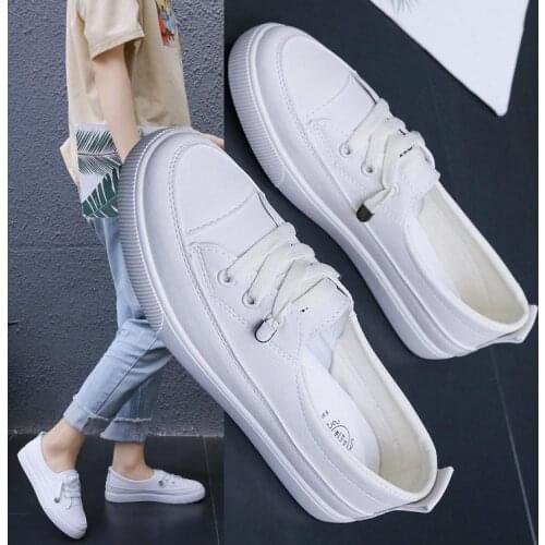 Ladies White Shoes Women Sneakers Female Pu Leather Walking Sneakers Woman Loafers White Flat Slip on Vulcanize Casual Shoes