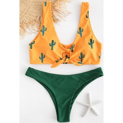 Sexy Swimwear Women Cactus Print Cut Out Front Bow Knot Bikini Set Push Up Swimsuit Brizilian Beachwear Bathing Suit Biquini