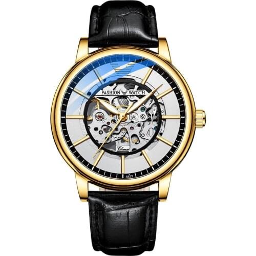 2021 Self Winding Mens Watch Black Leather Gold Automatic Mechanical Watch Men Sports Fitness Wristwatch Jogger Luminous Pointer