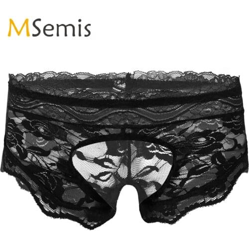 Mens See-through Lace Crotchless Briefs Thong Floral Pattern Elastic Waistband T-Back Underwear Underpants Sissy Nightwear