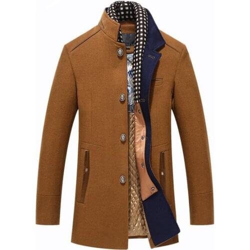 Mens Overcoat Winter Casual Thick Wool Coat Men Stand Collar Woolen Coats With Detachable Scarf Parka Casaco Masculinos Peacoat