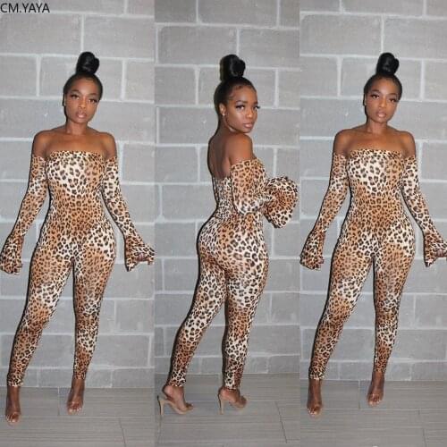Autumn women Leopard Print Off Shoulder Flare Long Sleeve Bodycon Jumpsuit Sexy Club Night Party Romper Playsuit Outfit GL6099