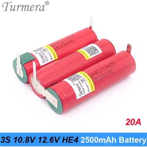 Turmera 3S 10.8V 12.6V HE2 2500mAh 20A 35A 18650 Rechargeable Lithium Battery for 12V Shurika Screwdriver Battery Use Customize
