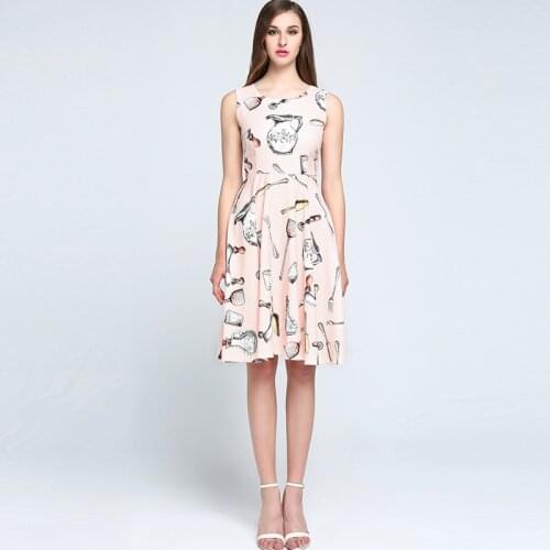 High Quality 2018 Spring&Summer Newest O-Neck Sleeveless Pots And forks Print Pink Elegant Dress women