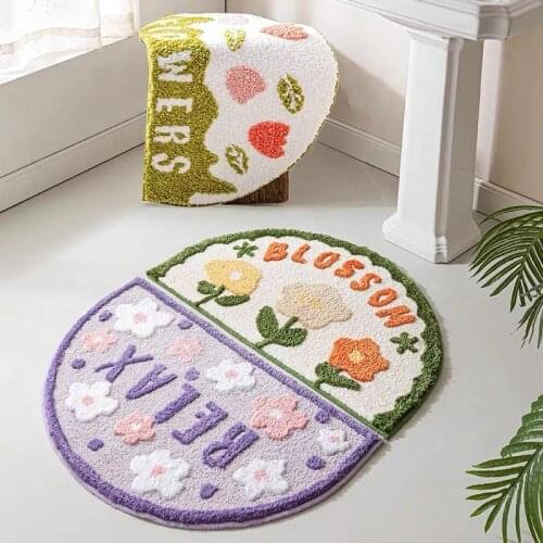 Simple Crystal Velvet Water Absorption Bathroom Bedroom Semi-Circular Blanket Anti-Skid Lovely Carpet Flower Door Mat