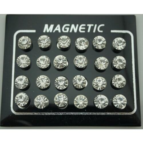 12 Pair(24pcs)/lot 3/4/5/6/7mm Round Crystal Rhinestone Magnet Stud Earring Puck Womens Mens Magnetic Fake Ear Plug Jewelry