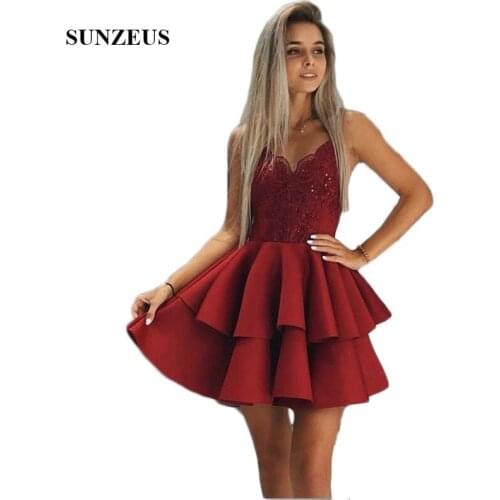 Burgundy Jersey Short Homecoming Dresses Spaghetti Straps A-Line Sweetheart Girls Night Party Gowns Tiered Skirt Backless Prom