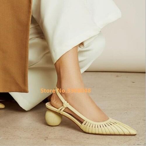 Medium Heel Hollow Elegant Shoes Strange Style Round Ball Heel Slingback Sexy Office Ladies Pumps Narrow Strap Romam Sandals