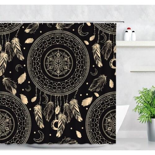 Shower Curtains Bohemian Ethnic Style Feather Geometric Pattern Black Background Print Modern Nordic Home Decor Bathroom Curtain